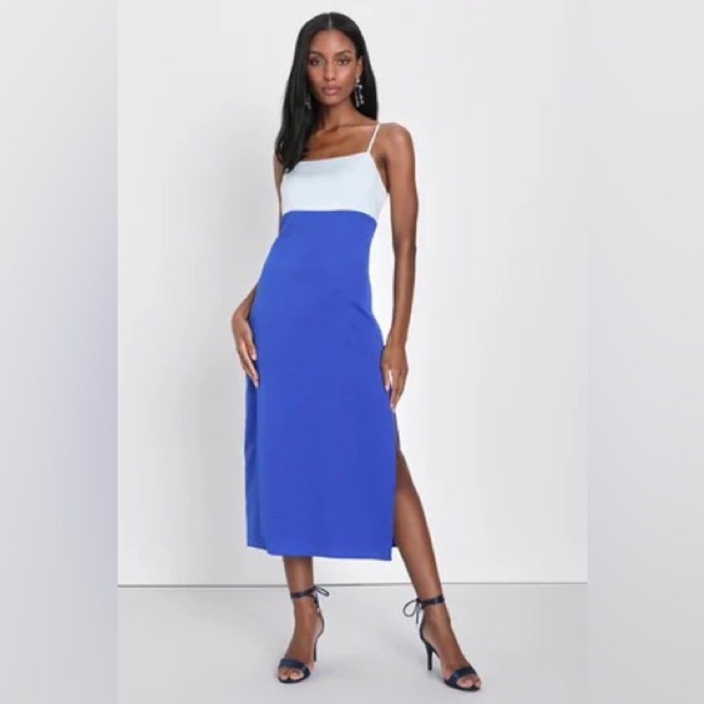 Lulus Blue Colorblock Midi Slip Dress Spaghetti Strap Side Slit NWT Size Medium